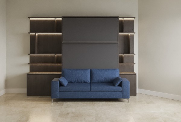 D - Royal Queen Wall Bed with Sectional Sofa and Bookcase