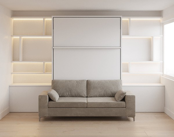 D - ROYAL Queen Wall Bed with Sectional Sofa and Bookcase Set
