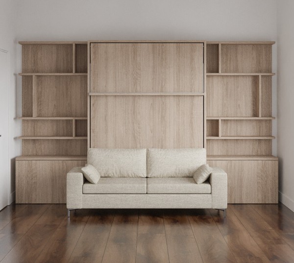 D - ROYAL Queen Wall Bed with Sectional Sofa and Bookcase Set