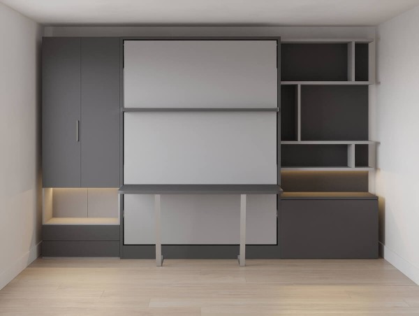 D - Royal Queen Wall Bed with Desk, Wardrobe and Bookcase