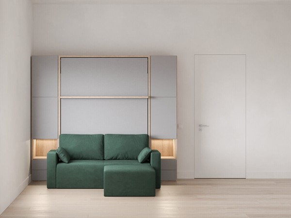 D - Royal Queen Wall Bed with Wardrobe, Bookcases and Sectional Sofa
