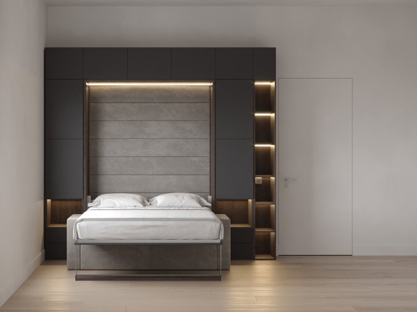 Royal Queen Wall Bed with Wardrobe Bookcases and Sectional Sofa 17