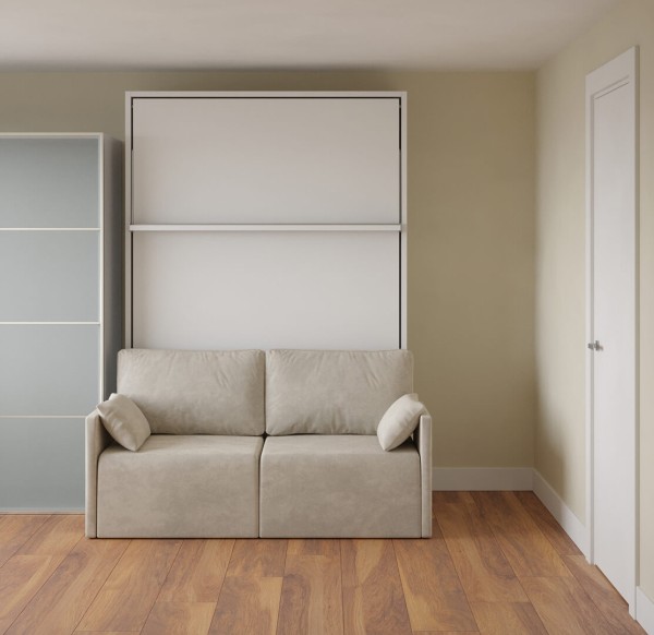 D - Royal Queen Wall Bed with Wardrobe, Bookcases and Sectional Sofa