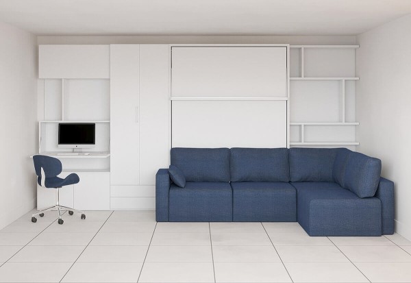D - ROYAL Queen Wall Bed with Sectional Sofa, Wardrobe and Bookcases