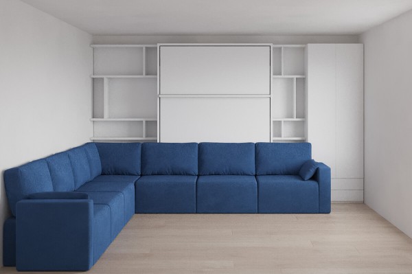 D - Royal Queen Wall Bed with Sectional Sofa, Bookcases and Wardrobe