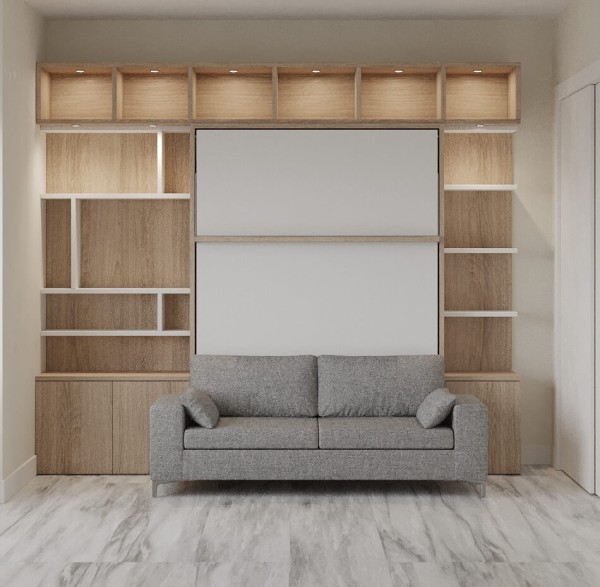 D - Royal Queen Wall Bed with Sectional Sofa, Bookcases and Wardrobe