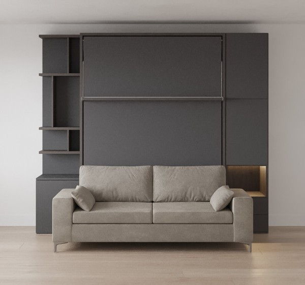 D - Royal Queen Wall Bed with Sectional Sofa, Bookcases and Wardrobe