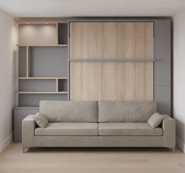 D - Royal Queen Wall Bed with Sectional Sofa, Bookcases and Wardrobe