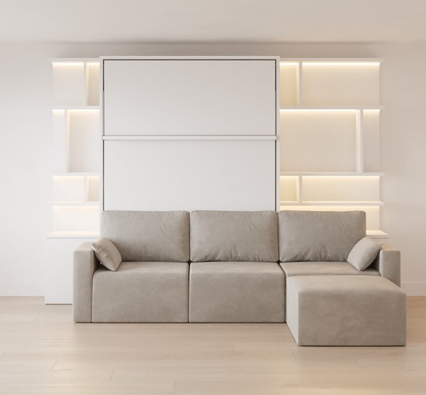 D - Royal Queen Wall Bed with Sectional Sofa, Bookcases and Wardrobe