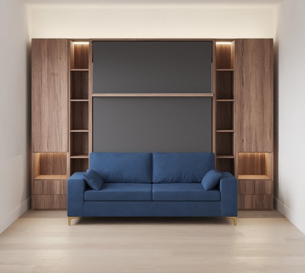 D - Royal Queen Wall Bed with Sectional Sofa, Bookcases and Wardrobe