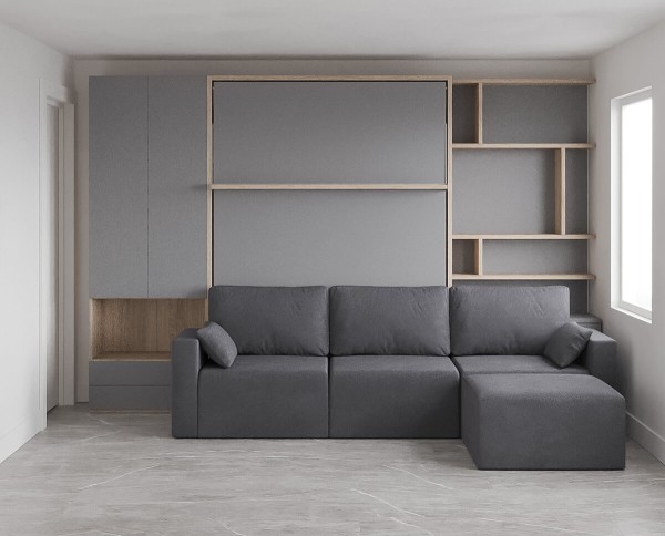 D - Royal Queen Wall Bed with Sectional Sofa, Bookcases and Wardrobe