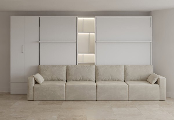 D - Royal Queen and Twin Wall Bed with Sectional Sofa Bookcase and Wardrobe