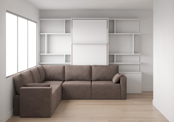 D - Royal Twin / Twin XL Wall Bed with Sectional Sofa and Bookcase Set