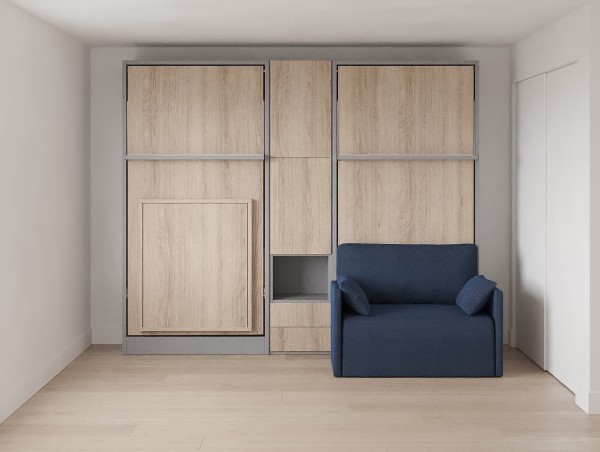 D - Royal Twin / Twin XL Wall Bed with Folding Table and Sectional Sofa