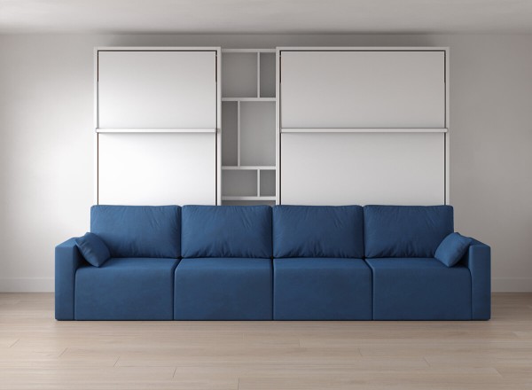 D - Royal Twin and Queen Wall Bed with Sectional Sofa and Bookcase